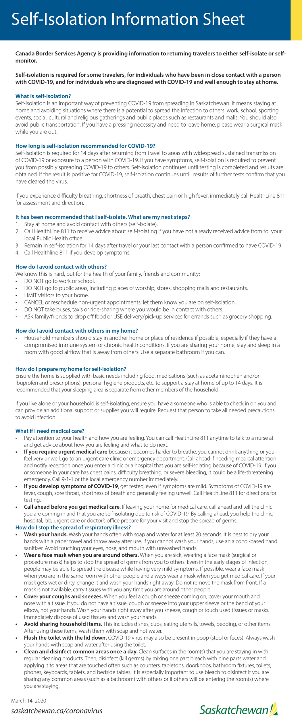 Self-isolation information sheet